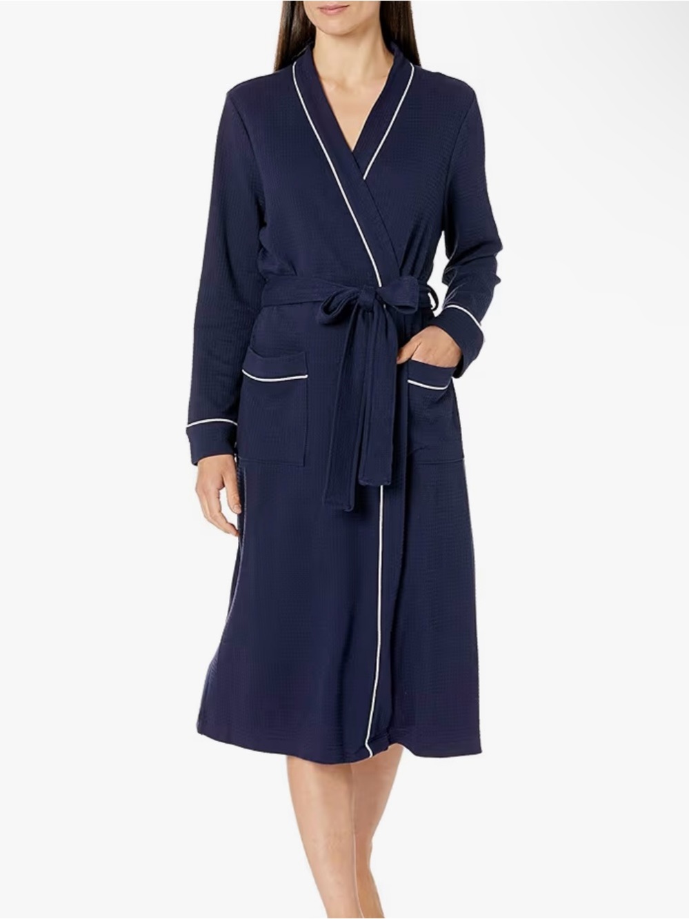 Amazon Essentials Women's Navy Waffle Robe with White Piping